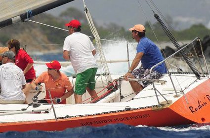 Olson 30 sailboat Rushin Rowlette racing in the BVI Spring Regatta CORT series