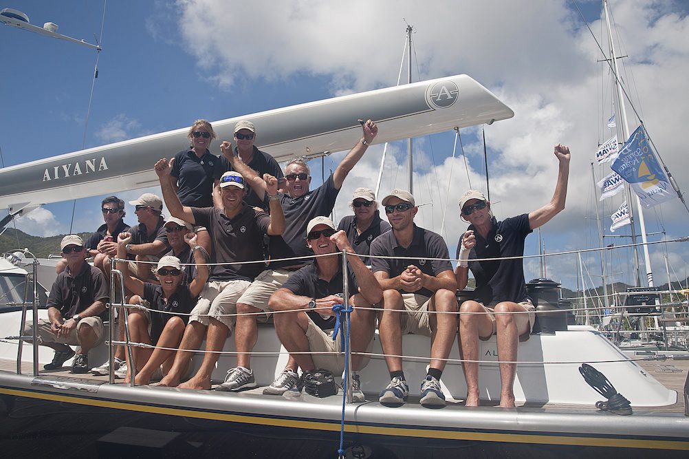 A jubilant Aiyana crew back on the dock at Nanny Cay