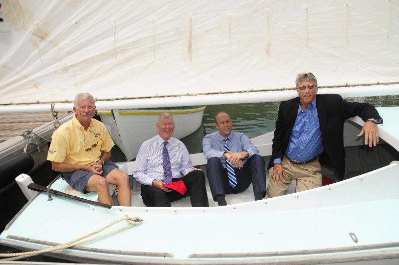 100 year old Tortola Sloop, Intrepid. Pictured Robert Phillips - Chairman of the BVI Spring Regatta, Governor Boyd McCleary - Patron of the Royal BVI Spring Regatta, Sjoerd Koster - Head of Banking, VP Bank (BVI) Limited; Professor Geoffrery Brooks - Curator of the Virgin Islands Maritime Museum Credit: Todd vanSickle 