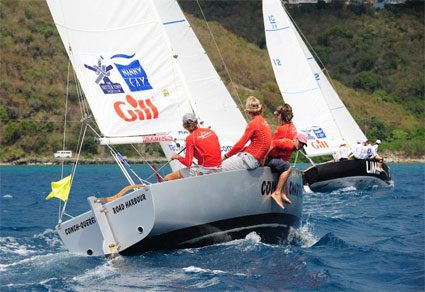 Frits Bus (St Martin, Netherlands Antilles) and crew including Roel Ten Hoopen, compete in the second Gill® BVI Match Racing Championship, part of the BVI Spring Regatta & Sailing Festival