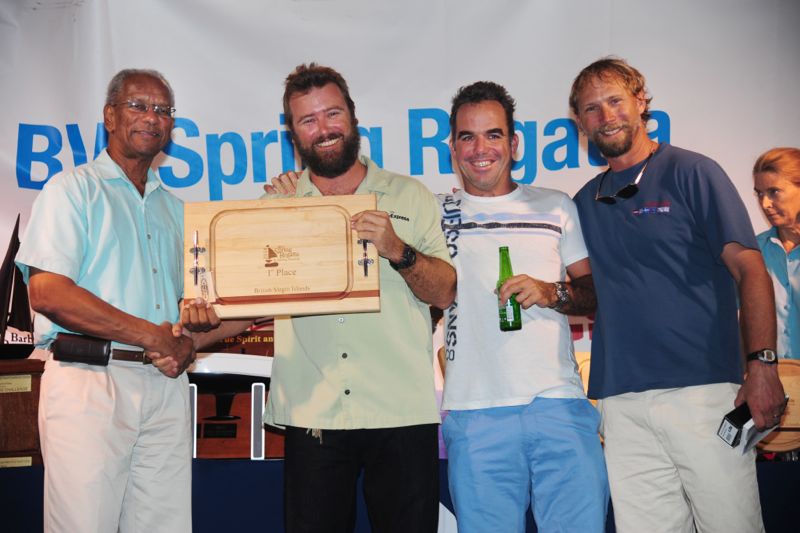 Colin Rathbun and crew on Tortola Express (IC 24) presented Best BVI Boat award by British Virgin Islands Premier Dr. the Honourable D. Orlando Smith (Photo: Todd VanSickle)