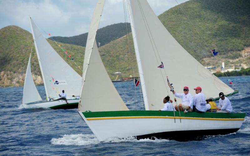 Governor John S. Duncan races on the one of the traditional island sloops Photo: Todd vanSickle.BVI Spring Regatta