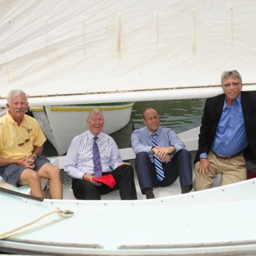 100 year old Tortola Sloop, Intrepid. Pictured Robert Phillips - Chairman of the BVI Spring Regatta, Governor Boyd McCleary - Patron of the Royal BVI Spring Regatta, Sjoerd Koster - Head of Banking, VP Bank (BVI) Limited;
Professor Geoffrery Brooks - Curator of the Virgin Islands Maritime Museum Credit: Todd vanSickle 